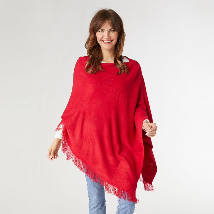 The Lightweight Poncho with Fringe - Red