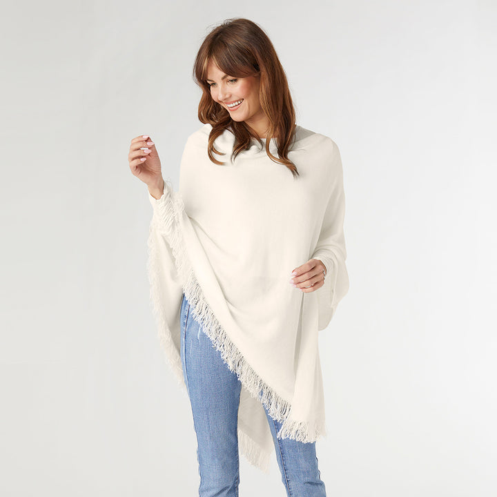 The Lightweight Poncho with Fringe - Egret